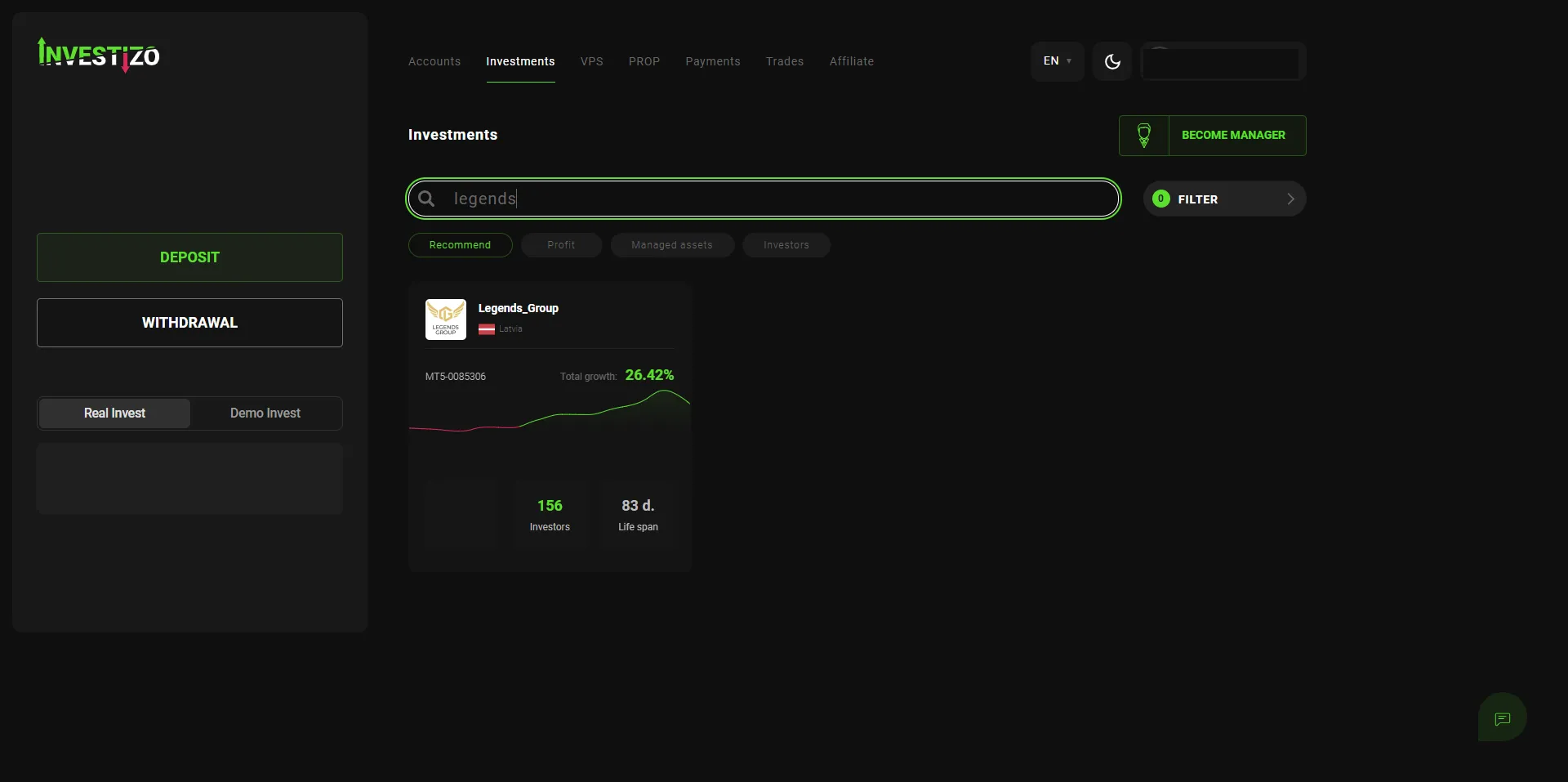 Searching for legends in the Investments tab, the Legends_Group card found