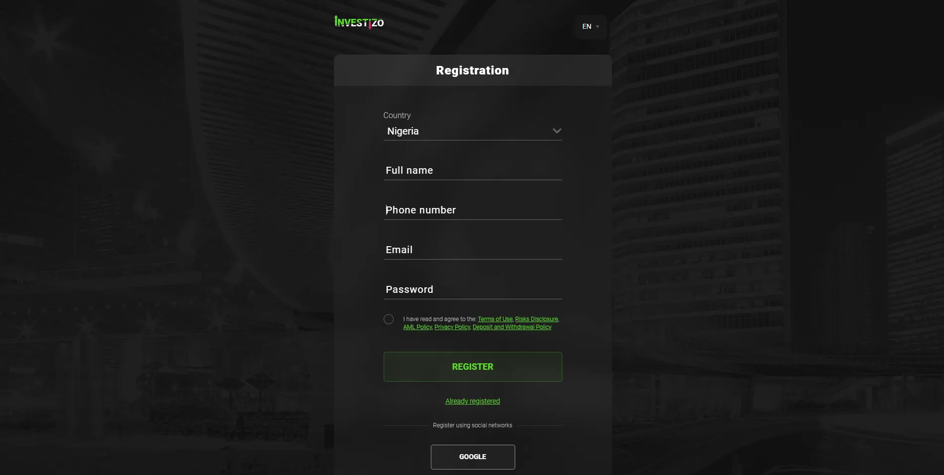 The broker registration form: country, name, phone, email and password