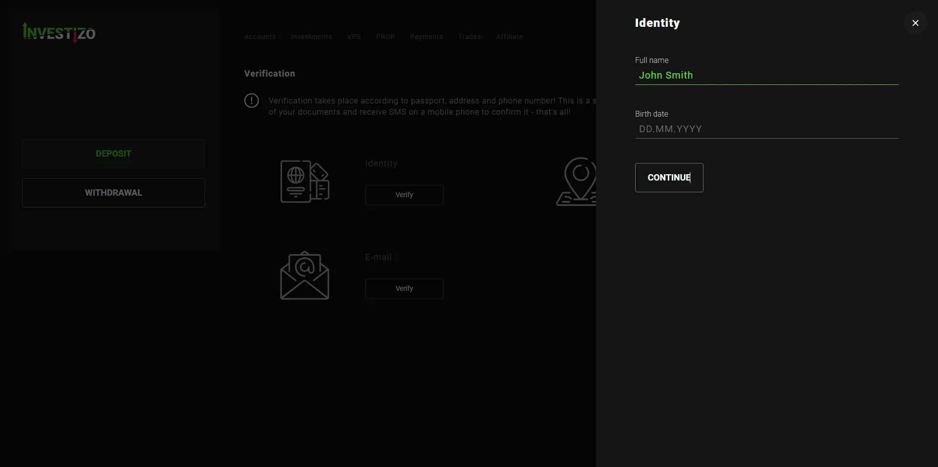 The verification section: the Identity, Address and E-mail cards